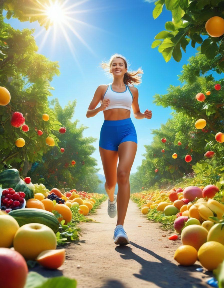A vibrant scene depicting a person joyfully engaging in outdoor activities like jogging and cycling, surrounded by lush greenery and colorful fruits floating in the air, symbolizing a healthy metabolism. The background features a bright sun and clear blue sky to evoke feelings of happiness and energy. Include subtle hints of fitness elements like dumbbells and smoothies. super-realistic. vibrant colors. bright background.