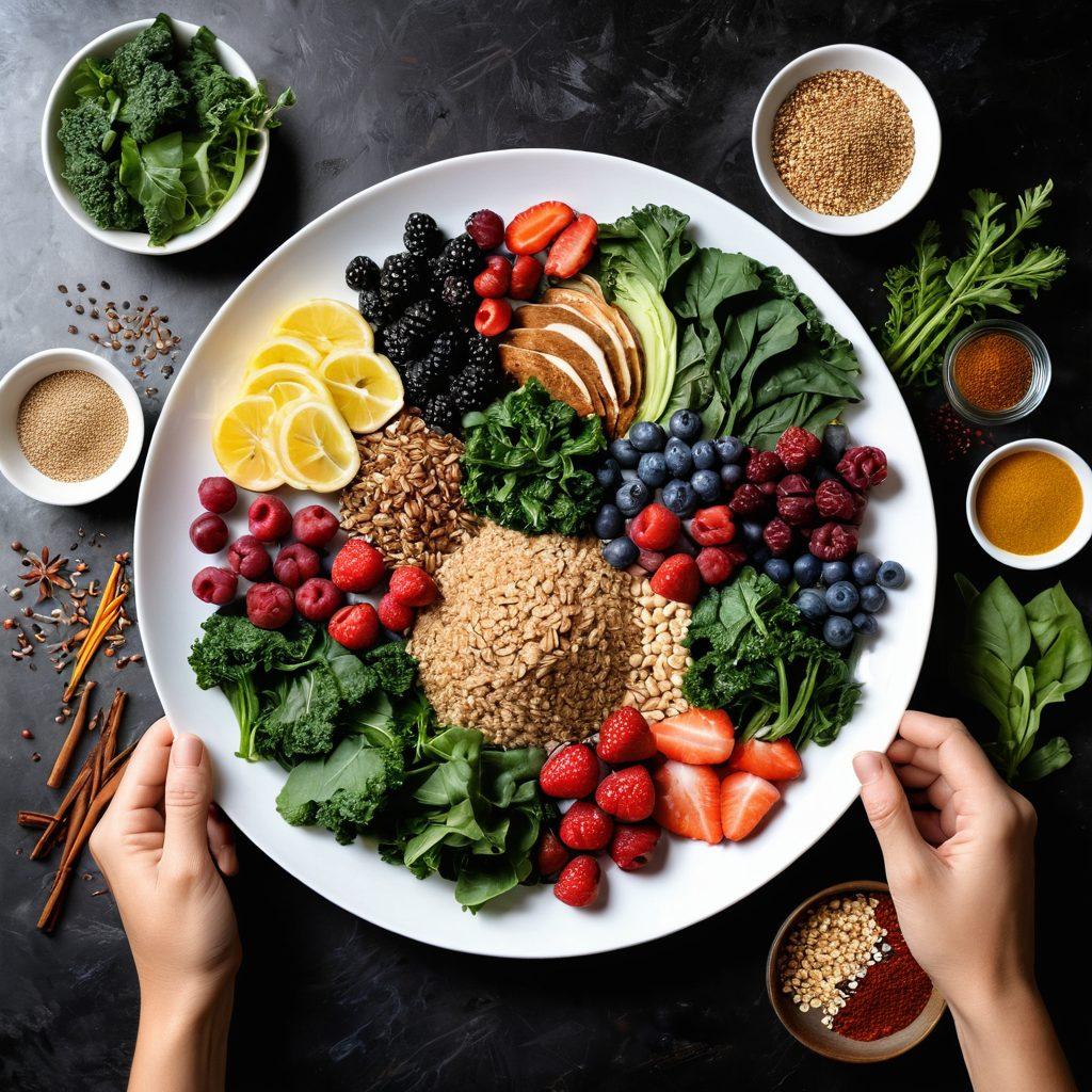 A beautifully arranged plate of colorful, healthy foods including leafy greens, berries, whole grains, and lean proteins, surrounded by vibrant herbs and spices scattered around. In the background, a silhouette of a person meditating or exercising, symbolizing balance and energy. The scene conveys a sense of harmony and wellness. warm colors. super-realistic.