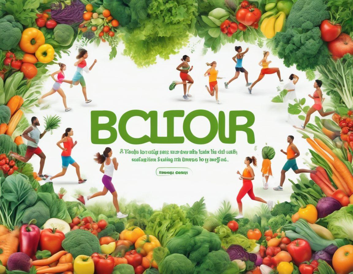 A vibrant and inspiring scene depicting a diverse group of people engaging in various healthy activities like jogging, yoga, and cooking nutritious meals, surrounded by lush green parks and fresh produce. Incorporate motivational quotes in artistic typography scattered throughout the image to evoke a sense of transformation and vitality. Emphasize bright colors to create an uplifting atmosphere. super-realistic. vibrant colors. white background.